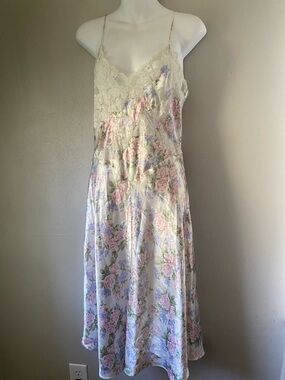 Victoria's Secret Cream Satin Floral Slip with Pink Roses